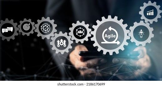 Agile management, the principles of agile software development and lean management to various management processes, product development lifecycle  and project management. Change driven concept. - Shutterstock ID 2186170699