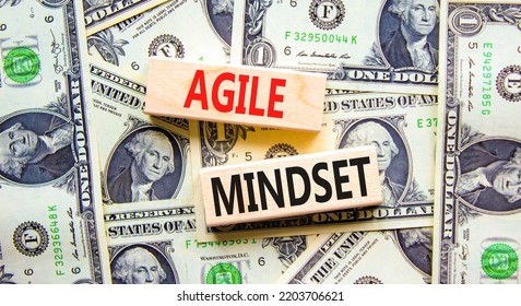 Agile Mindset Symbol. Concept Words Agile Mindset On Wooden Blocks. Beautiful Background From Dollar Bills. Business Flexible And Agile Mindset Concept. Copy Space.