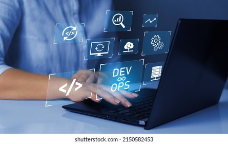 Agile programming and DevOps concept. Engineer working on laptop with virtual screen. IT operations, high software quality and software development.
