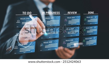 Agile project management, software integration development. Kanban or scrum methodology board screen. Task process fast change concept, developer workflow, visual organization tools and framework