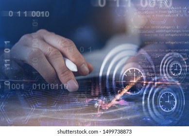 Agile scrum software technology development, IoT digital transformation. Double exposure,  coding software developer using laptop, smart city with binary computer code, big data, network connection - Shutterstock ID 1499738873