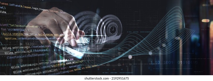 Agile software development, digital technology, scrum methodology, mobile app development concept. Coding software developer working on laptop with javascript computer code on virtual screen
