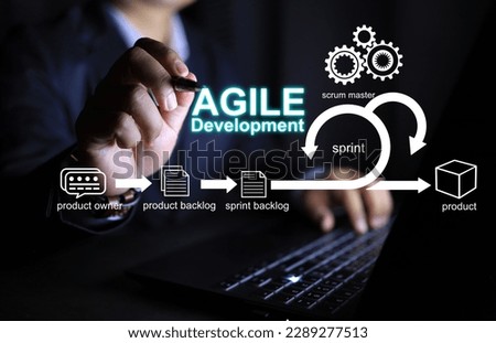 Agile software development principle on the floating icon with businessman pen writing to text, concept about scrum, iterative methods.