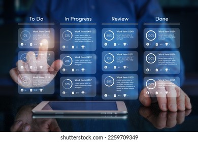 Agile software development or project management using kanban or scrum methodology boards on screen. Process, workflow, visual organisation tools and framework. Developer touching virtual interface.
