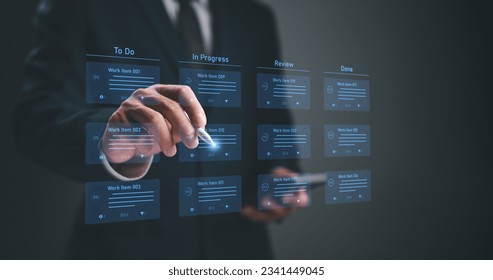 Agile software development or project management using kanban or scrum methodology boards on screen. Process, workflow, visual organization tools and framework. Developer touching virtual interface. - Shutterstock ID 2341449045