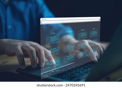 Agile software development or project management using kanban or scrum methodology boards on screen. Process, workflow, visual organization tools and framework. Developer touching virtual interface.