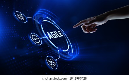 Agile software development SCRUM methodology technology concept. Hand pressing button on screen. - Shutterstock ID 1942997428