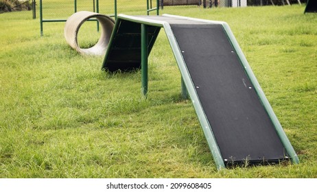 Agility Equipment at the Dog Park. Canine Exercise in a fenced in area. Obstacles course with tunnel, steep ramp and obedience jump poles. - Powered by Shutterstock