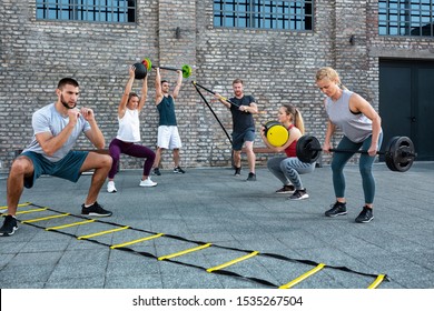 Agility ladder workout and weight lifting performed by various athletes - Powered by Shutterstock