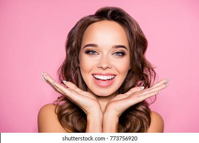 Aging, Acne, Pimples, Wrinkles, Oily, Dry Skin Concept. Close Up Cropped Photo Of Pretty Excited Lady With Wavy Hairdo, Arm Palms Near Face, Happiness And Freshness, Purity