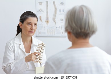 Aging and back pain concept: doctor of orthopedics showing her senior patient a slipped disk on a backbone model. - Powered by Shutterstock