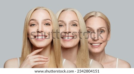 Aging concept. Attractive blonde woman 20, 50 and 65 years old