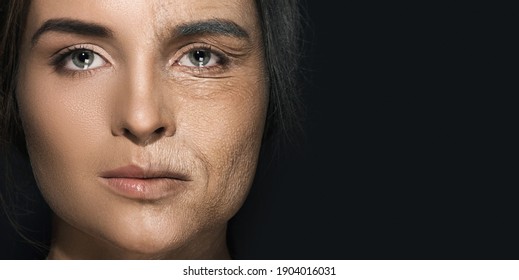 Aging concept. Comparison of young and old. Real result achieved with work of professional makeup artist. Not CGI.
