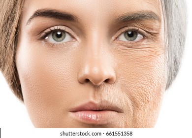 Aging concept. Comparison of young and old. Real result achieved with work of professional makeup artist. Not CGI. - Shutterstock ID 661551358