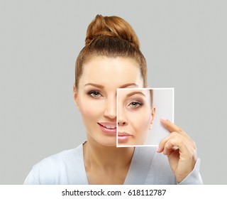 Aging. Mature Woman-young Woman.Face With Skin Problem 