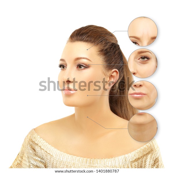 Aging. Mature woman-young woman.Face
with skin problem.Showing photos before and
after