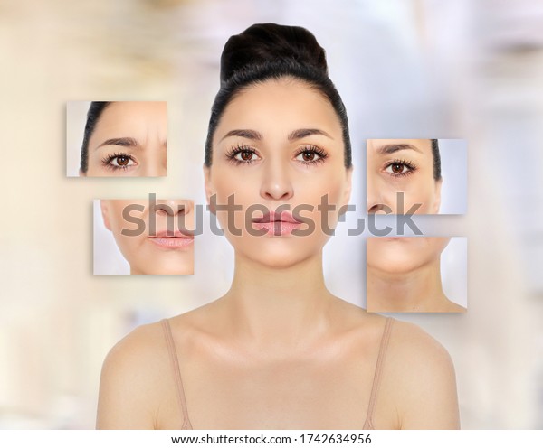 Aging. Mature woman-young woman.Face\
with skin problem.Showing photos before and\
after	\
