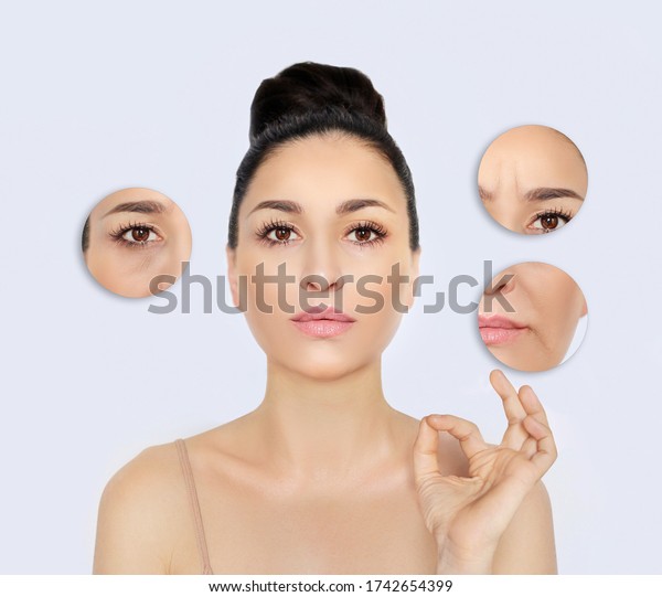 Aging. Mature woman-young woman.Face
with skin problem.Showing photos before and
after	
