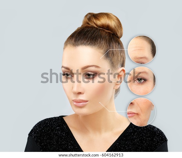 Aging.
Mature woman-young woman.Face with skin problem

