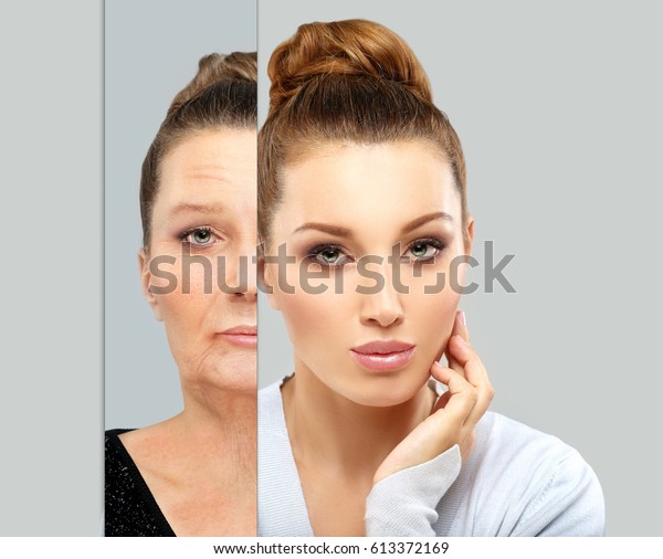 Aging.\
Mature woman-young woman.Face with skin problem\
