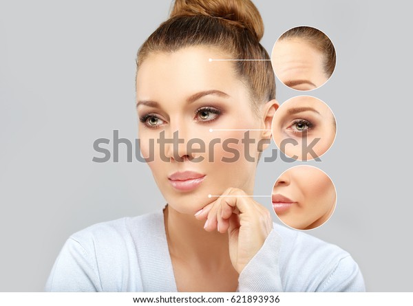 Aging.\
Mature woman-young woman.Face with skin problem\
