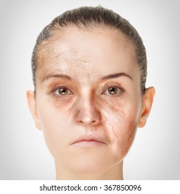 Aging process, rejuvenation anti-aging skin procedures old and young concept