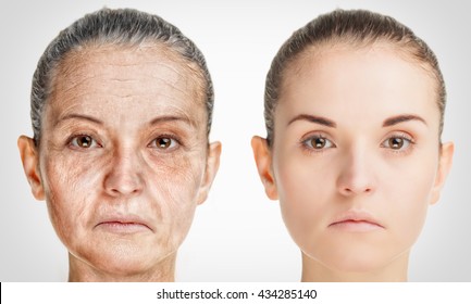 Aging process, rejuvenation anti-aging skin procedures. Old and young concept