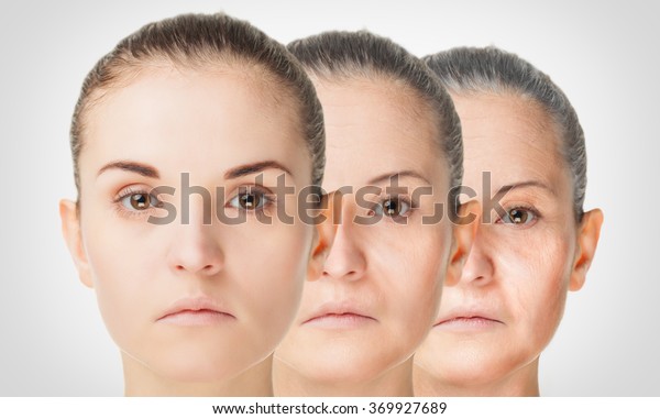 Aging process, rejuvenation anti-aging skin\
procedures old and young\
concept