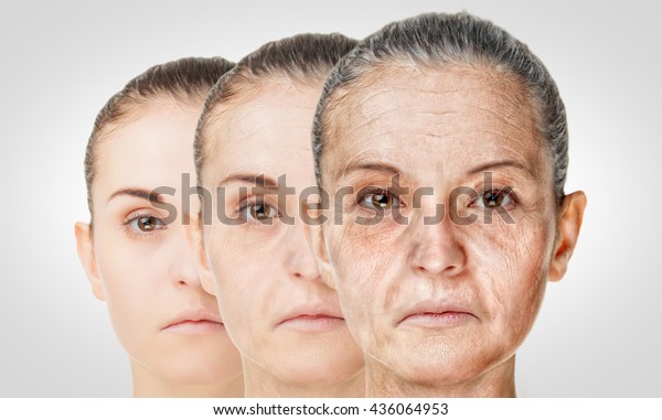 Aging process, rejuvenation anti-aging skin\
procedures. Old and young\
concept