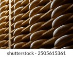 Aging rooms with many shelves in cheese caves, central location for aging of wheels, rounds of Comte cheese from four months to several years made from raw cow milk, Jura, France