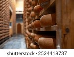 Aging rooms with many shelves in cheese caves, central location for aging of wheels, rounds of Comte cheese from four months to several years made from raw cow milk, Jura, France