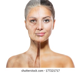 Aging and Skin care concept. Face of young woman and old woman with wrinkles isolated on white background.  The same young and old face. Same Person in her Youth and old age 