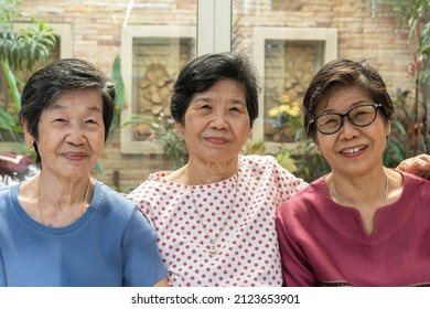 Aging Society Concept With Healthy Aged Asian Elderly, Happy Well-being Ageing Senior Adult Women Sisters, Siblings Or Friends, Family Of Retired People Portrait Smiling Happily At Nursing Home 