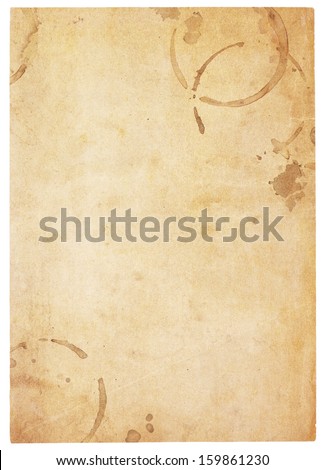Aging, worn paper with coffee stains and rough edges. Blank with room for text or images. Isolated on White. Includes clipping path.