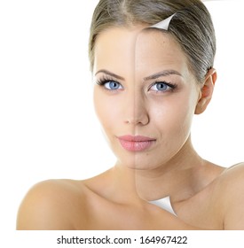 Aging And Youth Concept, Beauty Treatment, Portrait Of Beautiful Woman With Problem And Clean Skin Over White