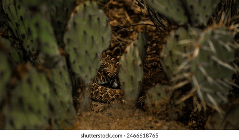 Agitated western diamondback rattlesnake shelters within the confines of a cactus and strikes an defensive posture in the Arizona desert. - Powered by Shutterstock