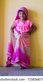 Agra, India - 15 July, 2017: Young Girl In Pink Sari 