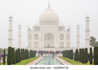 AGRA, INDIA - FEBRUARY 15, 2019 : Taj Mahal, One Of The Seven Wonders In The World, India. Taj Mahal In Air Pollution With PM 2.5 Over Than 250.