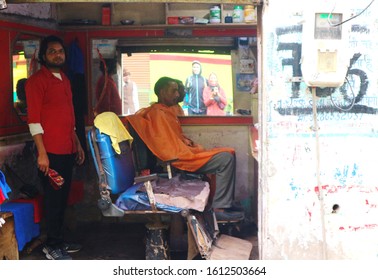 Agra, India – February 15 2019: Old Authentic Barber Shop In Agra, India