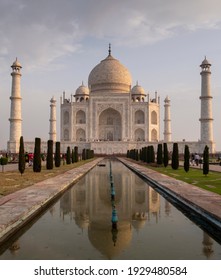 AGRA, INDIA - MARCH, 26, 2019: morning shot of the taj mahal and its reflection in a pool of water