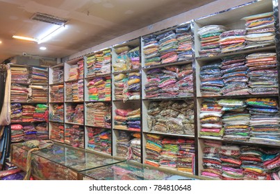 AGRA INDIA - OCTOBER 23, 2017: Indian Traditional Costume Sari Store In Agra.