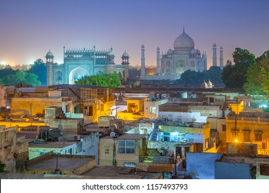 Agra Town With Taj Mahal At Night