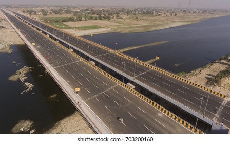 Agra;Uttar Pradesh ; INDIA November 27 2016 Aerial photography bird-eye view of Lucknow Agra expressway and bridge and river Chanbal in Agra city of north INDIA 