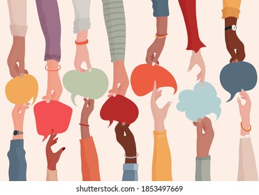 Agreement or affair between a group of colleagues or collaborators.Diversity People who exchange information.Arms and hands holding speech bubble.Concept of sharing and exchange.Community - Shutterstock ID 1853497669