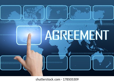 Agreement concept with interface and world map on blue background
