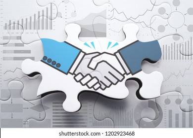 Abkommen, Konsensbildung und Konzept der strategischen Partnerschaft.Analysieren von Daten für die Suche nach Business-Lösung. Das Puzzle mit dem Handshake zusammenstellen.