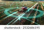 Agricultural autonomous combine harvester, moving across the field, controlled by artificial intelligence, scans the environment. Concept of smart self-driving transport, agriculture of the future.	