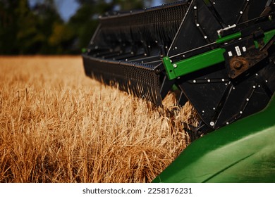 Agricultural combine harvester in the field during harvest ripe wheat. Combine working on a wheat field. Harvester during harvesting. Combine Harvester harvesting crops. Closeup of the harvesting tool