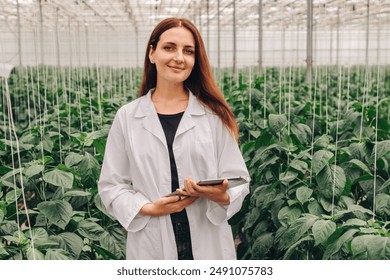 Agricultural engineer, agronomist biologist with a tablet analyzes foliage of plant. Portrait, scientist collecting data for research on new variety of bell pepper growing in greenhouse - Powered by Shutterstock