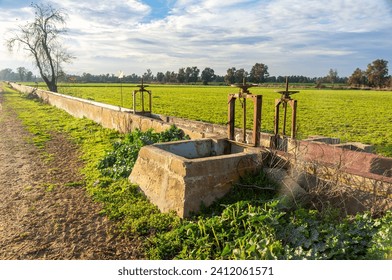 Agricultural Engineering: Sunset at the Concrete Irrigation Ditch with Metal Gates. - Powered by Shutterstock